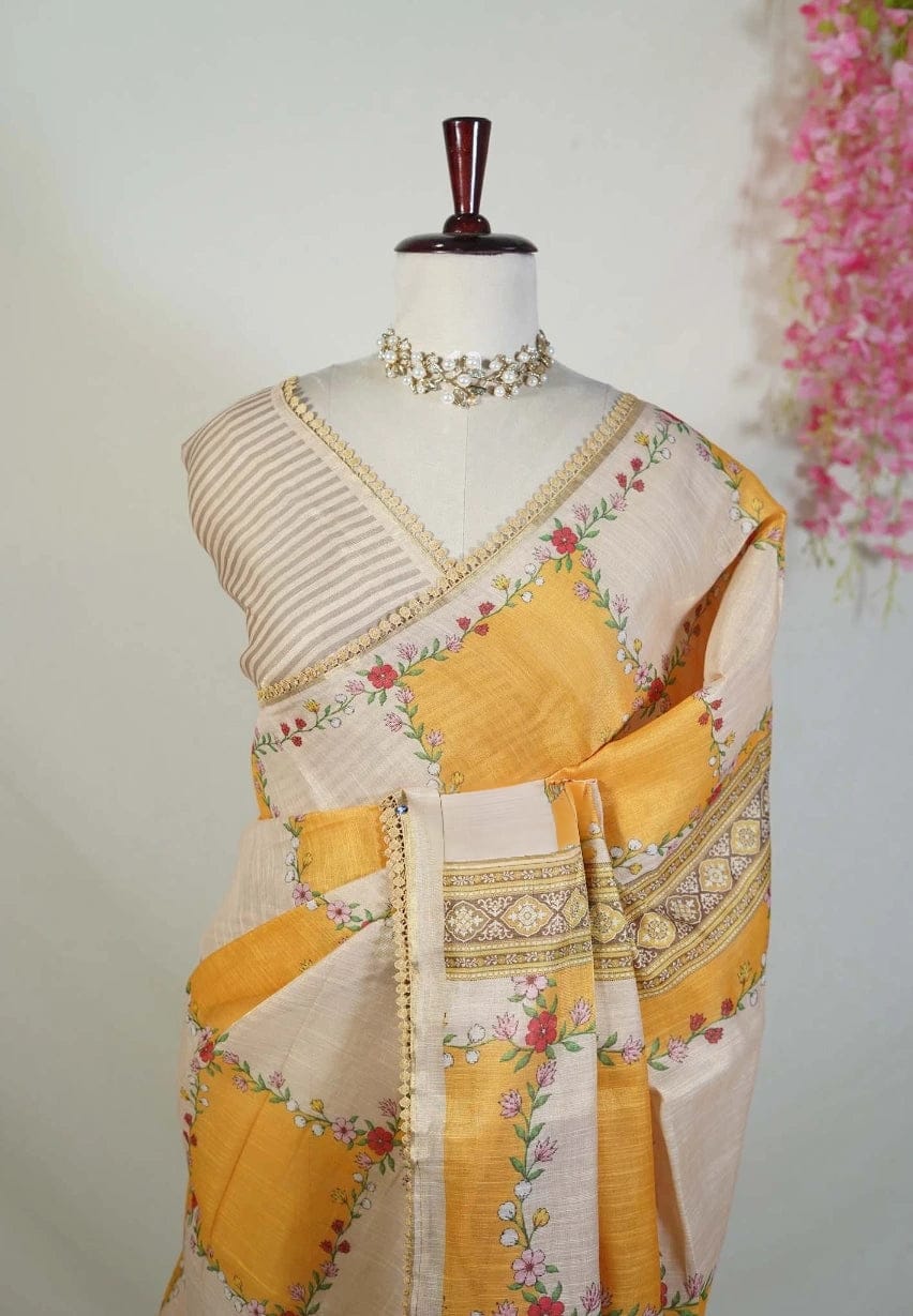 Sand Beige With Orangish Yellow - Anjali - Soft Tissue Linen Saree With Floral Print & Lace Border