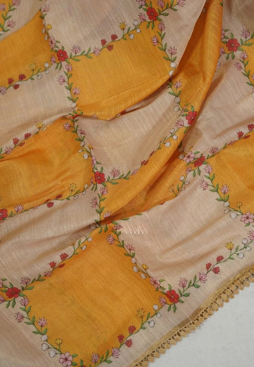 Sand Beige With Orangish Yellow - Anjali - Soft Tissue Linen Saree With Floral Print & Lace Border