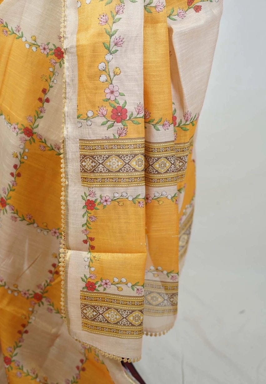 Sand Beige With Orangish Yellow - Anjali - Soft Tissue Linen Saree With Floral Print & Lace Border