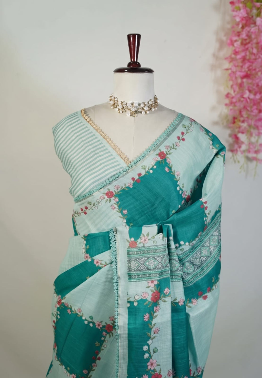 Sand Beige With Orangish Yellow - Anjali - Soft Tissue Linen Saree With Floral Print & Lace Border
