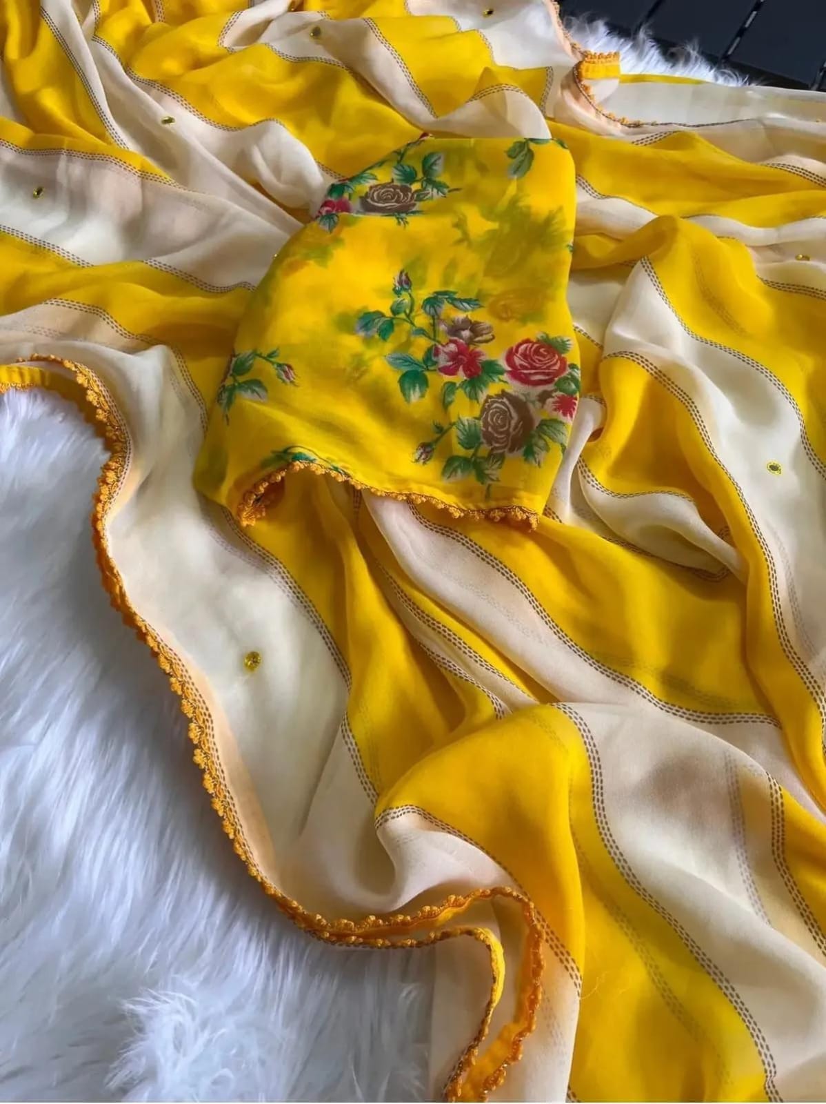 Soft Georgette Fabric with delicate gold foil prints and elegant stripe lines creates a stunning visual appeal