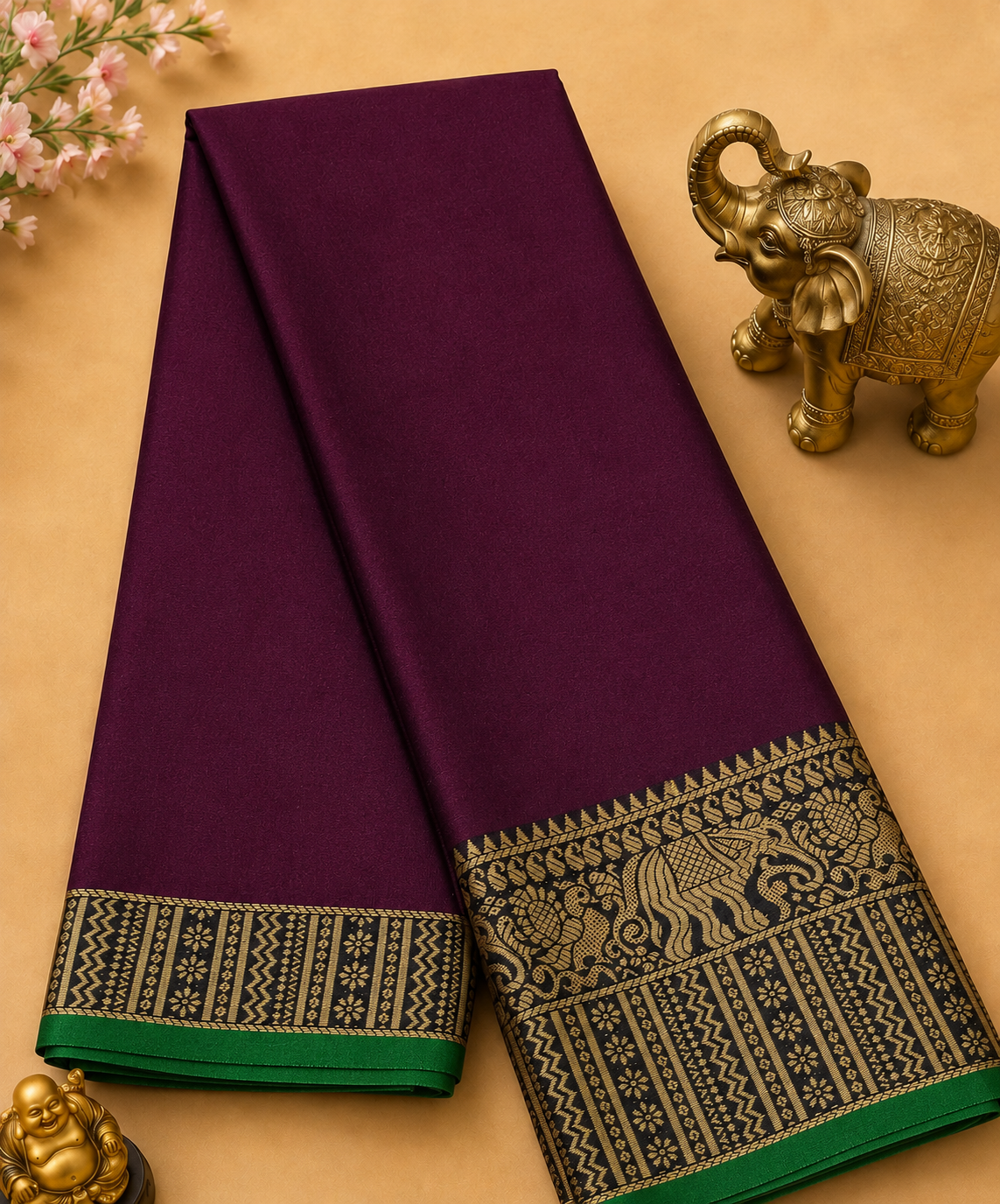 Elegant Wine Narayanpet Plain Silk Cotton Saree with Big Woven Zari Border