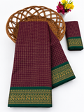 Elegant Wine Maroon Mangalagiri Checks Cotton Saree with Zari Border - MG043