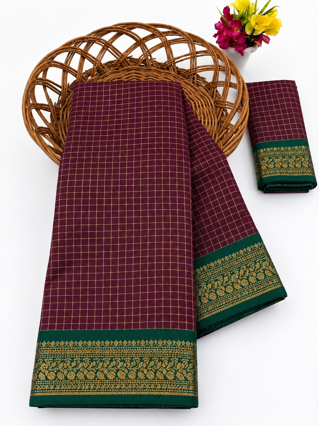 Elegant Wine Maroon Mangalagiri Checks Cotton Saree with Zari Border - MG043