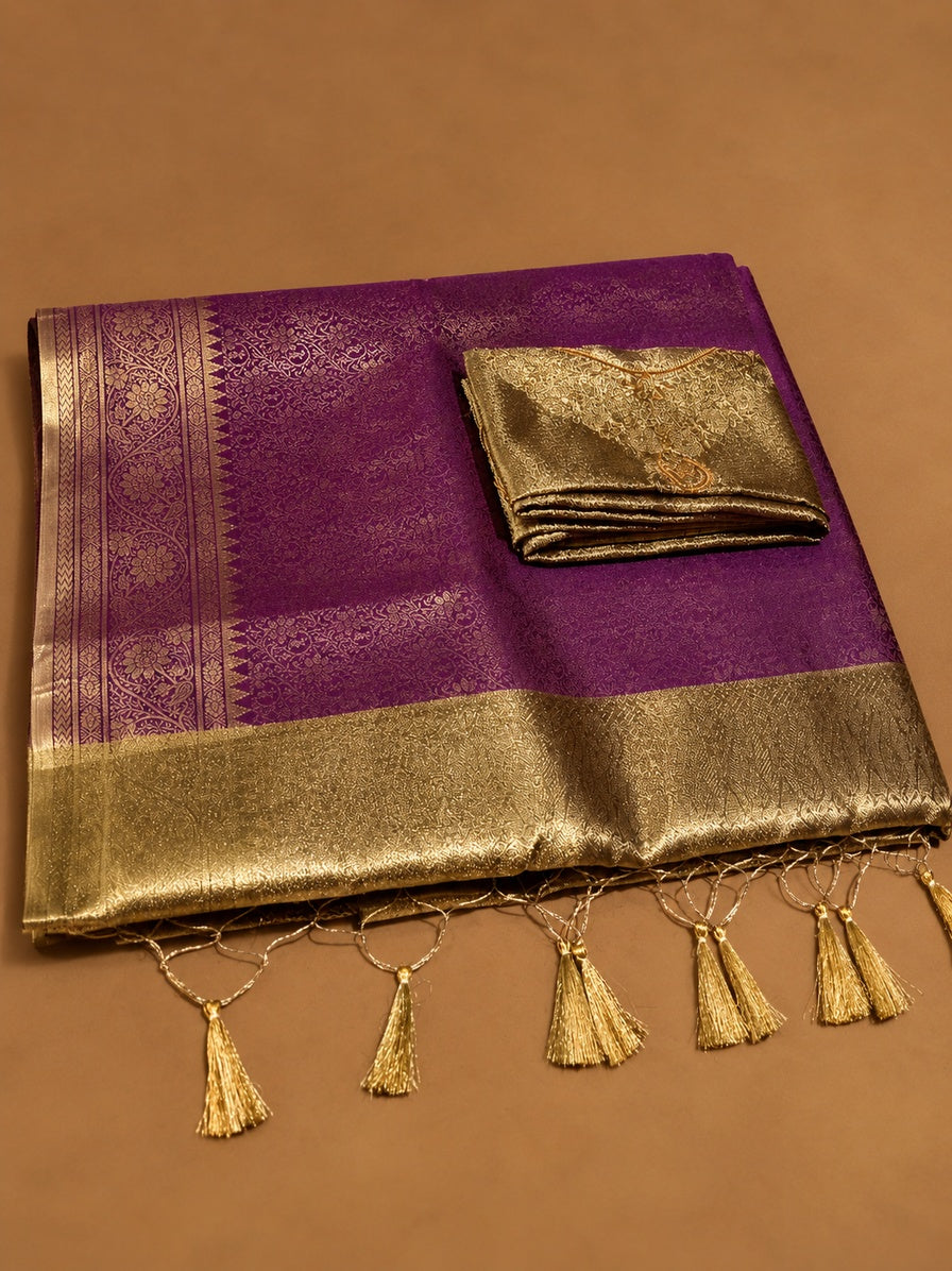 Premium Wine Purple Soft Tissue Silk Saree with Antique Gold Zari Floral Border - TS046