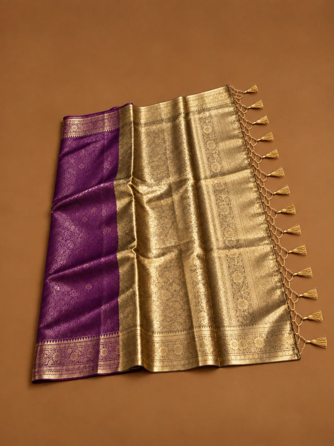 Premium Wine Purple Soft Tissue Silk Saree with Antique Gold Zari Floral Border - TS046