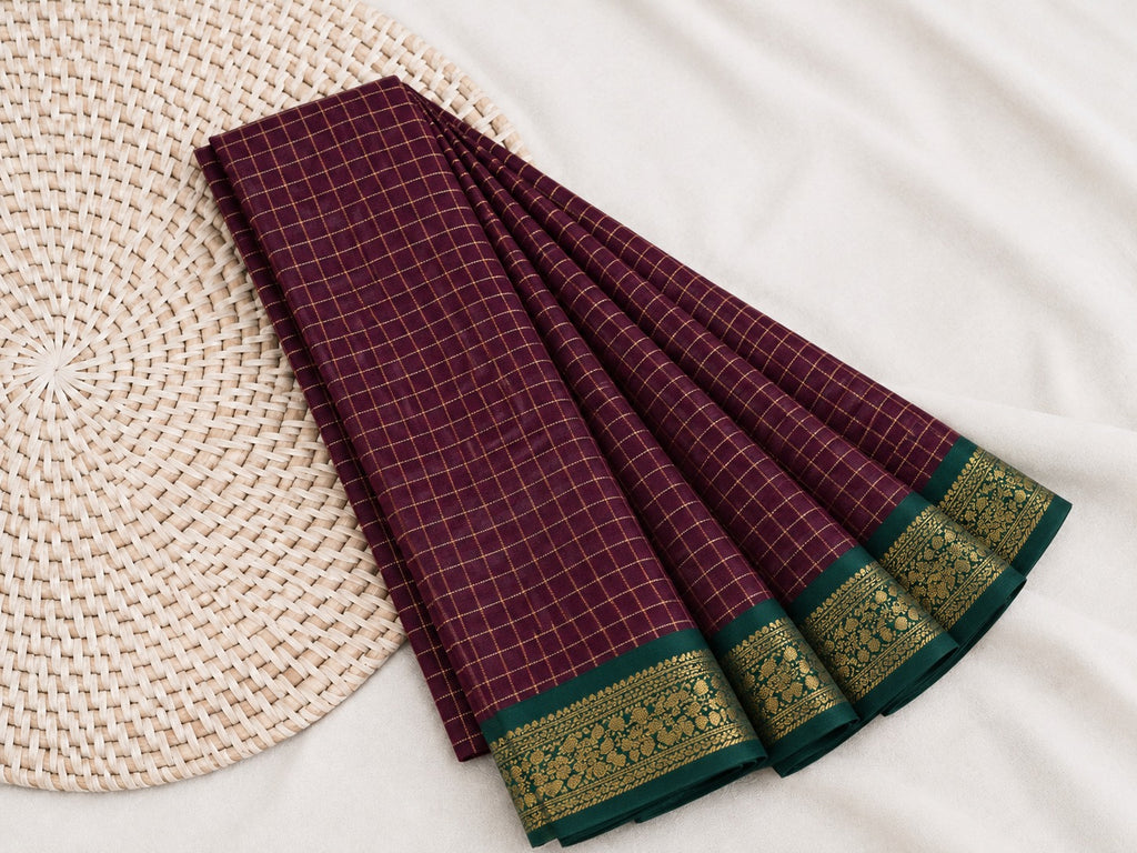 Elegant Wine Maroon Mangalagiri Checks Cotton Saree with Zari Border - MG043