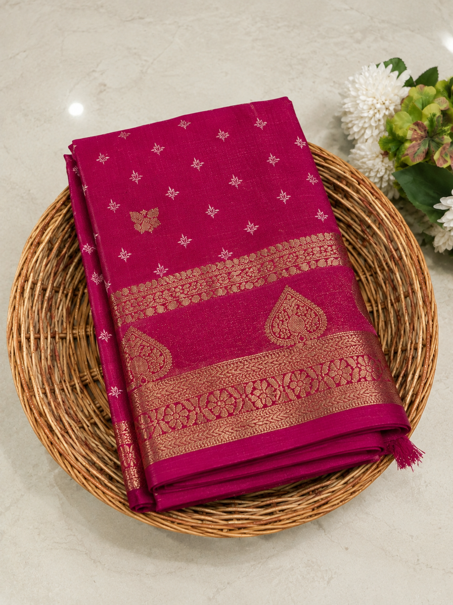 Elegantes Ranipink Retta Betta Zari-Bordüren-Sari aus Khadi-Viskose - SW074